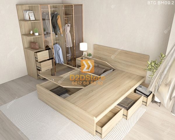 Bộ tủ giường đồng màu kích thước tủ 1600x2000 cánh kính kết hợp giường 3 hộc kéo mã BTG.BM09.2