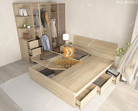 Bộ tủ giường đồng màu kích thước tủ 1600x2000 cánh kính kết hợp giường 3 hộc kéo mã BTG.BM09.2