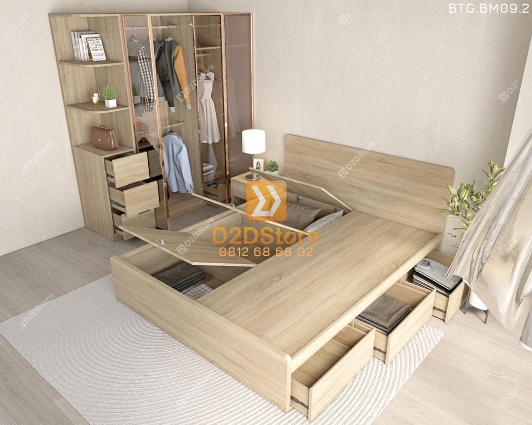  Bộ tủ giường đồng màu kích thước tủ 1600x2000 cánh kính kết hợp giường 3 hộc kéo mã BTG.BM09.2 