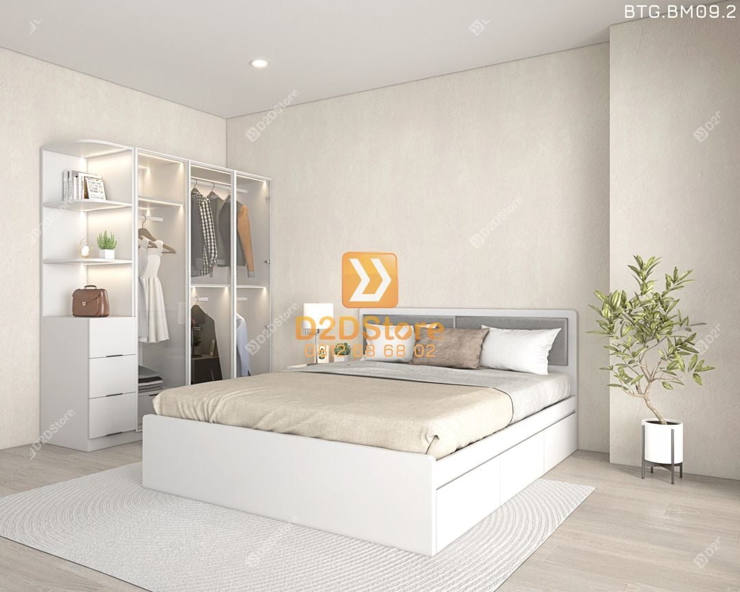  Bộ tủ giường đồng màu kích thước tủ 1600x2000 cánh kính kết hợp giường 3 hộc kéo mã BTG.BM09.2 