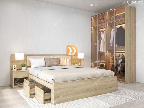 Bộ tủ giường đồng màu kích thước tủ 1600x2400 cánh kính kết hợp giường 3 hộc kéo mã BTG.BM10.2