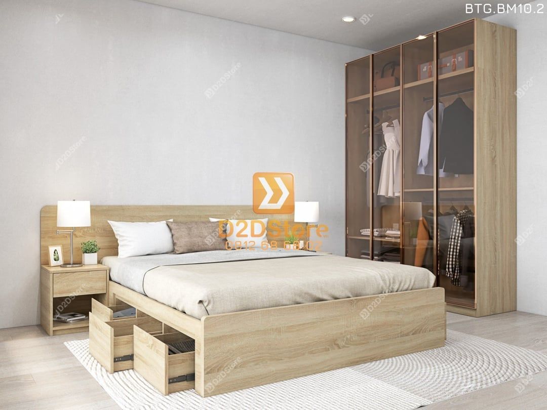  Bộ tủ giường đồng màu kích thước tủ 1600x2400 cánh kính kết hợp giường 3 hộc kéo mã BTG.BM10.2 
