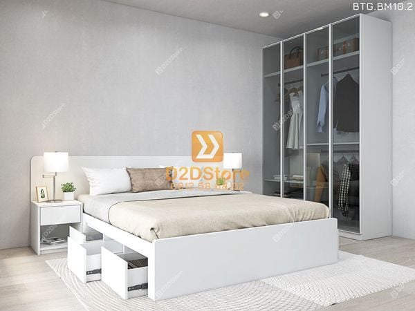 Bộ tủ giường đồng màu kích thước tủ 1600x2400 cánh kính kết hợp giường 3 hộc kéo mã BTG.BM10.2