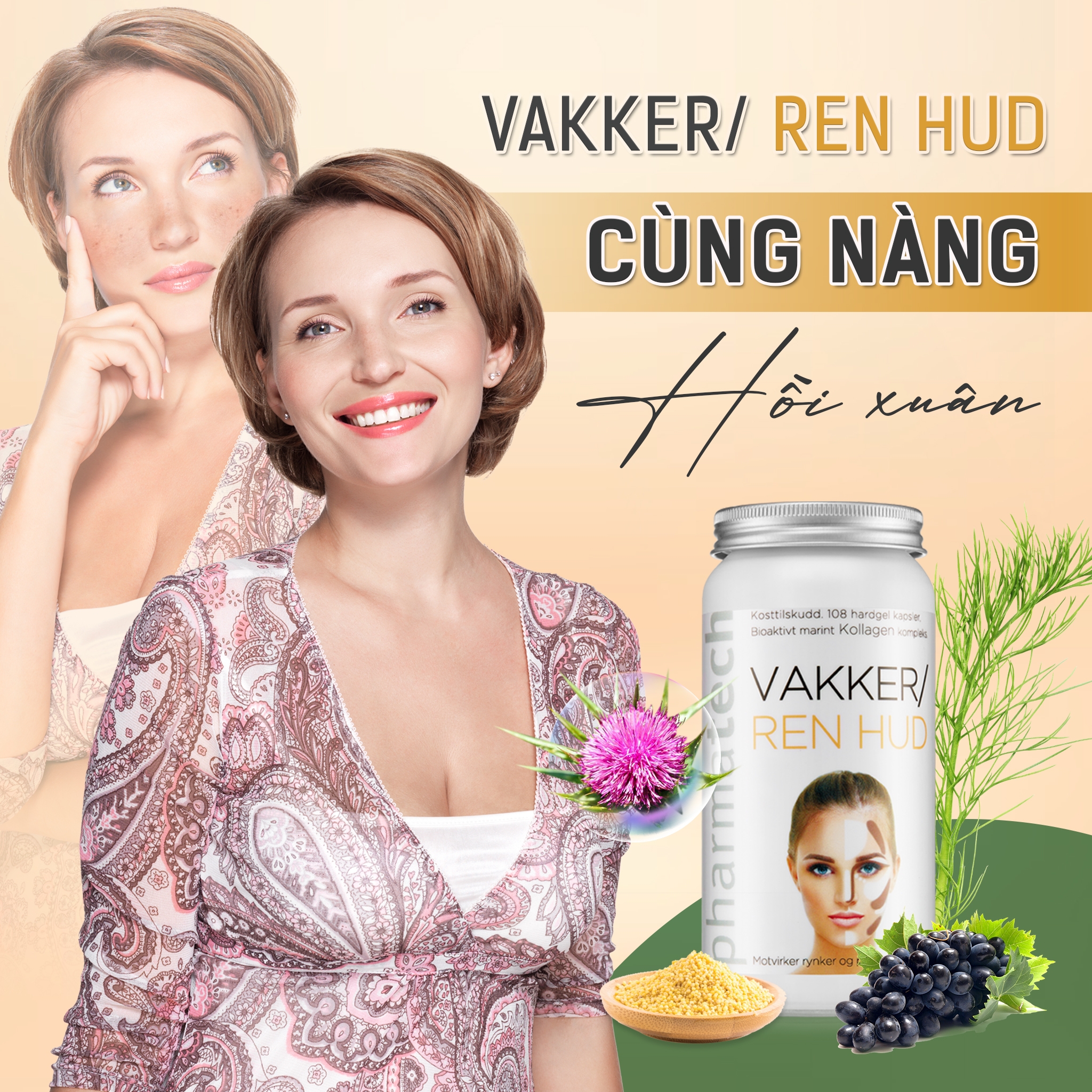 Viên nang làm đẹp da, cân bằng nội tiết tố và cải thiện sinh lý nữ  Pharmatech Vakker/Ren Hud - Hộp 20 viênViên nang làm đẹp da và cải thiện  sinh lý