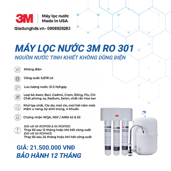 Máy Lọc Nước Lắp Dưới Bồn Rửa Không Dùng Điện 3M RO301