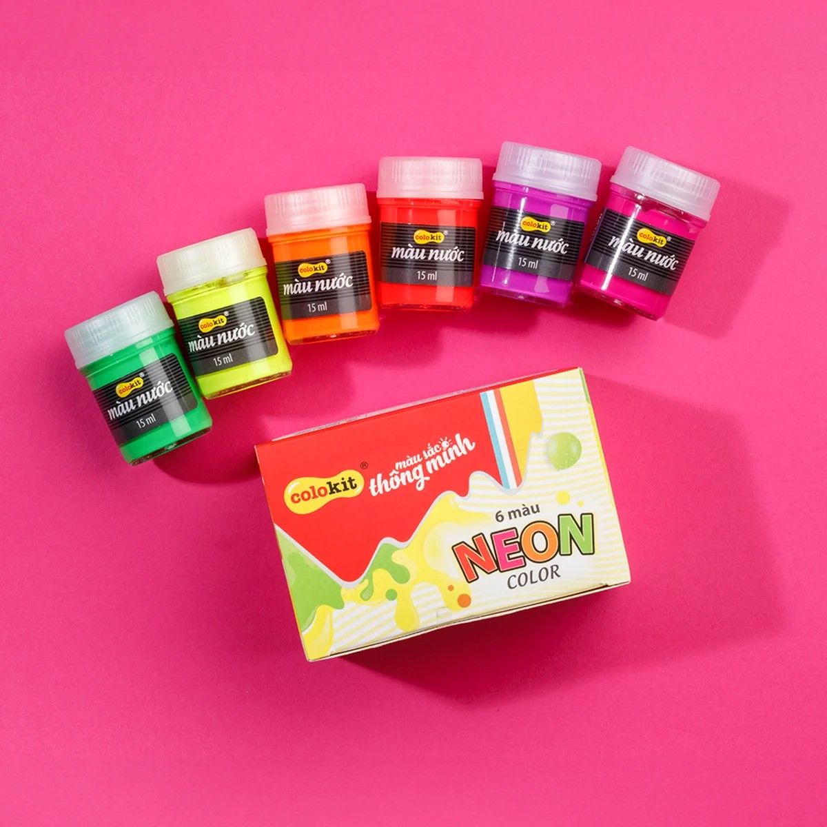  Bộ 6 màu nước tone màu Neon Colokit WACO-C011 dạng hũ 15ml dùng để tô, vẽ trên giấy khi học tập, tô tượng 