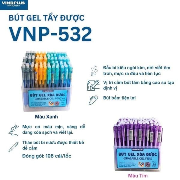 Bút gel xoá được Vinaplus ngòi 0.5mm VNP-532 thân trong (12)