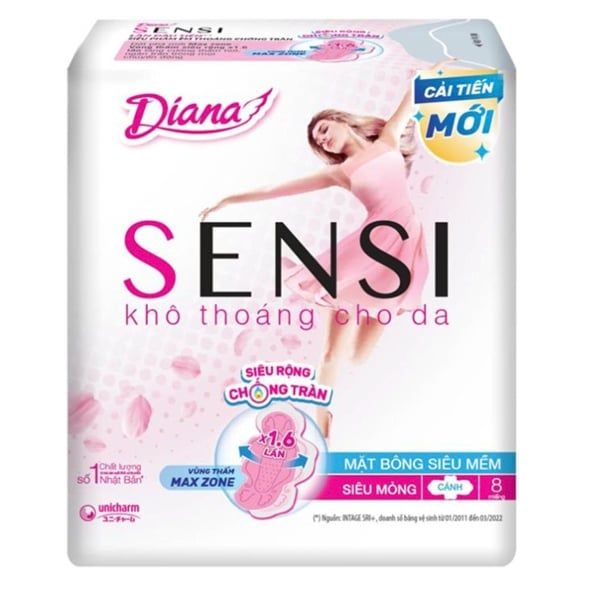 Băng vệ sinh DIANA Sensi siêu mỏng cánh 8 miếng (48 gói)