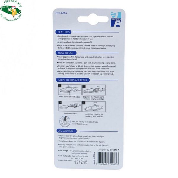 [DOUBLE A] Băng xóa bút bấm (kèm ruột) Double A CTR-A065BP (12) sản phẩm chính hãng