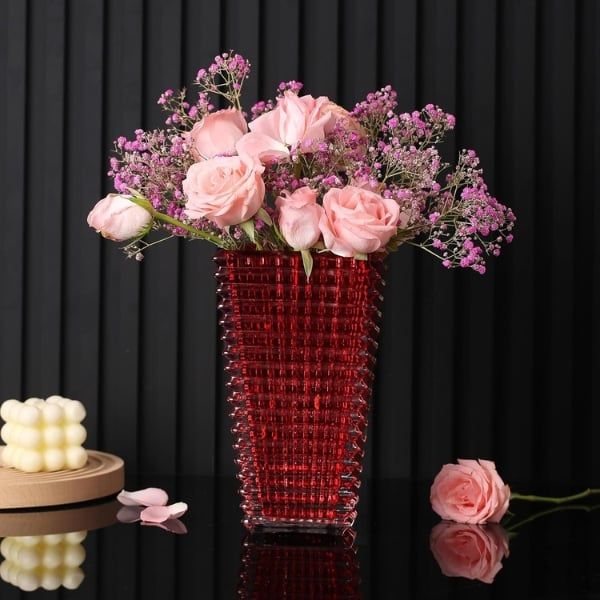 Bình hoa vân sóng Ruby pha lê cao 23cm miệng hình chữ nhật màu đỏ