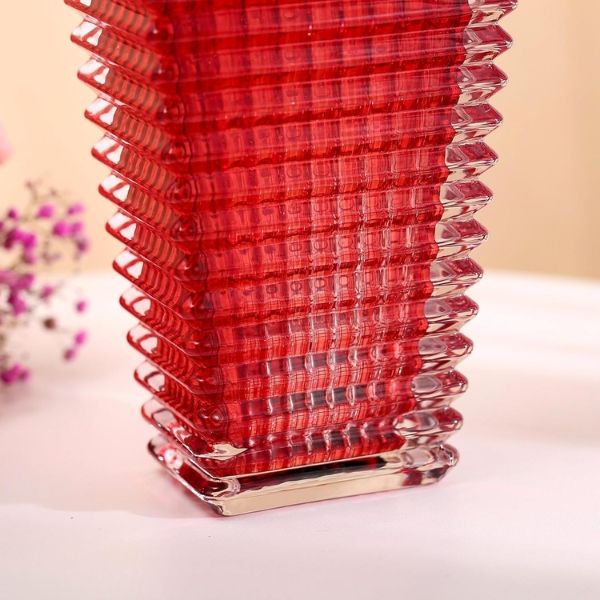 Bình hoa vân sóng Ruby pha lê cao 23cm miệng hình chữ nhật màu đỏ
