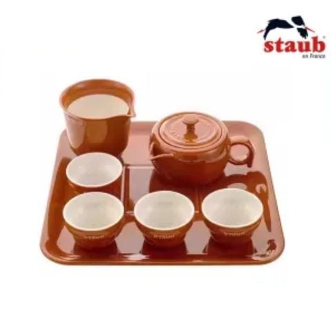 Bộ ấm chén trà Staub kèm khay màu cam 7 món