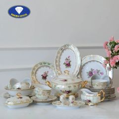  Bộ bát đĩa sứ Tiệp hoa hồng nền trắng viền vàng 38 món 