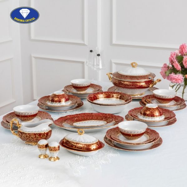 Bộ bát đĩa sứ Tiệp nền đỏ dây vàng 38 món