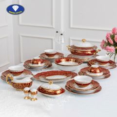  Bộ bát đĩa sứ Tiệp nền đỏ dây vàng 38 món 