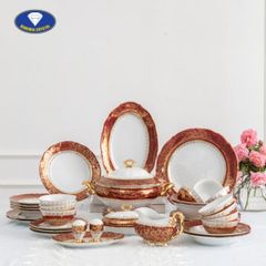  Bộ bát đĩa sứ Tiệp nền đỏ dây vàng 38 món 