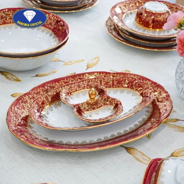 Bộ bát đĩa sứ Tiệp nền đỏ dây vàng 37 món