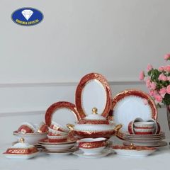  Bộ bát đĩa sứ Tiệp nền đỏ dây vàng 37 món 