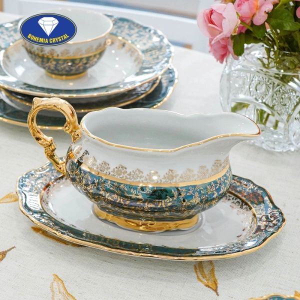 Bộ bát đĩa sứ Tiệp nền xanh dây vàng 37 món