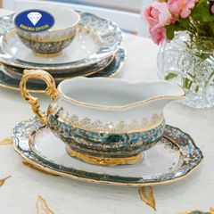  Bộ bát đĩa sứ Tiệp nền xanh dây vàng 37 món 