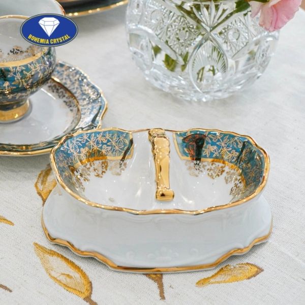 Bộ bát đĩa sứ Tiệp nền xanh dây vàng 37 món