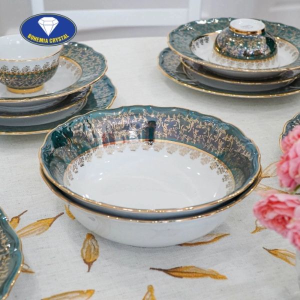 Bộ bát đĩa sứ Tiệp nền xanh dây vàng 37 món