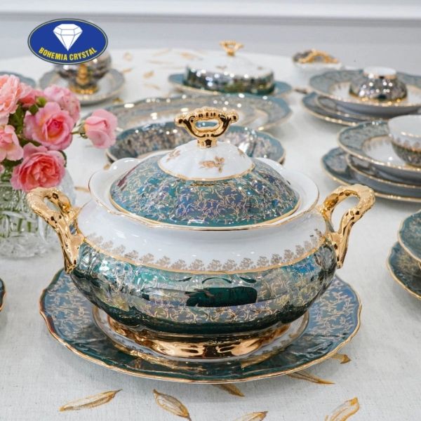 Bộ bát đĩa sứ Tiệp nền xanh dây vàng 37 món