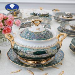  Bộ bát đĩa sứ Tiệp nền xanh dây vàng 37 món 