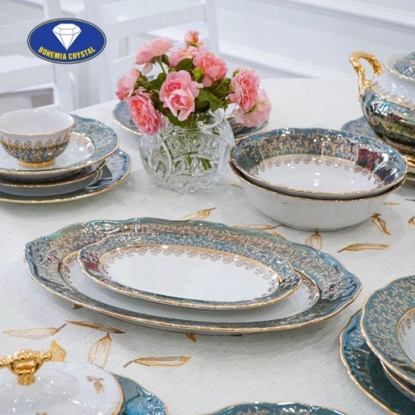 Bộ bát đĩa sứ Tiệp nền xanh dây vàng 37 món
