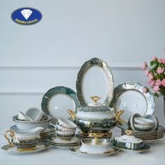  Bộ bát đĩa sứ Tiệp nền xanh dây vàng 37 món 