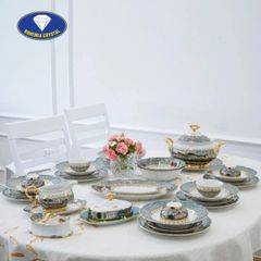  Bộ bát đĩa sứ Tiệp nền xanh dây vàng 37 món 