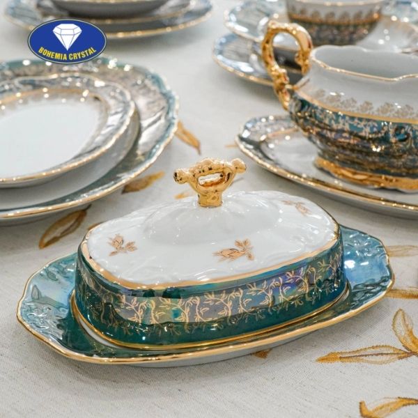 Bộ bát đĩa sứ Tiệp nền xanh dây vàng 37 món