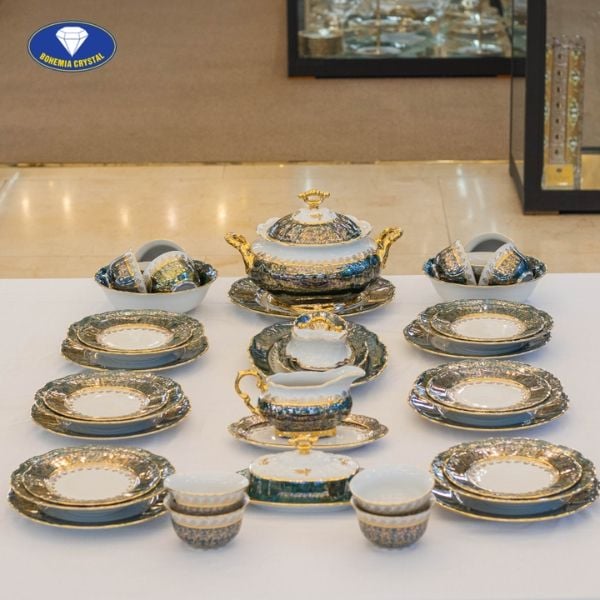 Bộ bát đĩa sứ Tiệp nền xanh dây vàng 37 món