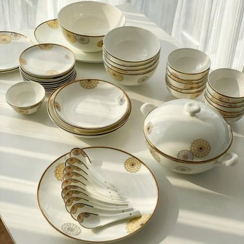 Bộ bát đĩa sứ xương Imperialondon hoa đồng tiền (50 món)