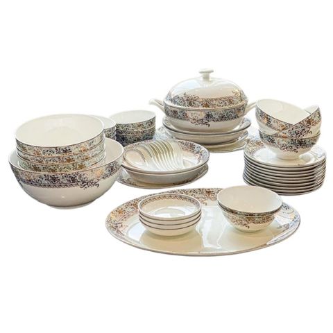 Bộ bát đĩa sứ xương Imperialondon hoa xanh dây vàng (50 món)