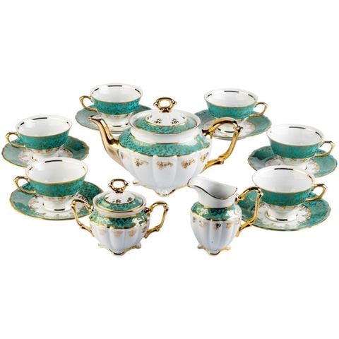 Bộ cà phê sứ Tiệp xanh ngọc dây vàng 15 món