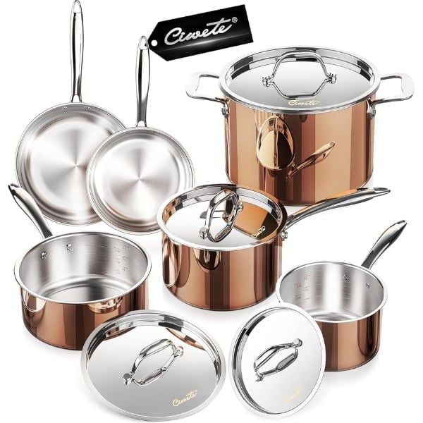 Bộ nồi chảo Ciwete 10 món tráng men vàng / 4 nồi có nắp, 2 chảo