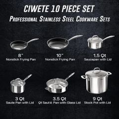  Bộ nồi chảo Ciwete 10 món / 2 nồi, 2 chảo chống dính, 2 quánh 
