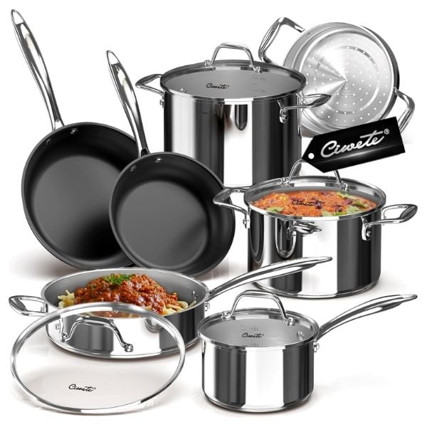 Bộ nồi chảo Ciwete 11 món / 3 nồi, 1 quánh, 2 chảo chống dính, 1 xửng