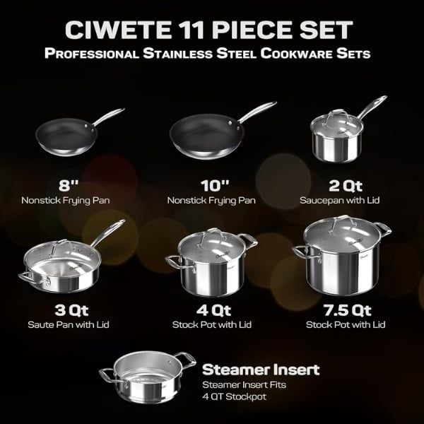 Bộ nồi chảo Ciwete 11 món / 3 nồi, 1 quánh, 2 chảo chống dính, 1 xửng
