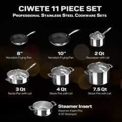  Bộ nồi chảo Ciwete 11 món / 3 nồi, 1 quánh, 2 chảo chống dính, 1 xửng hấp 
