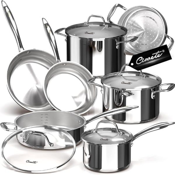 Bộ nồi chảo Ciwete 11 món inox / 3 nồi, 1 quánh, 2 chảo, 1 xửng hấp