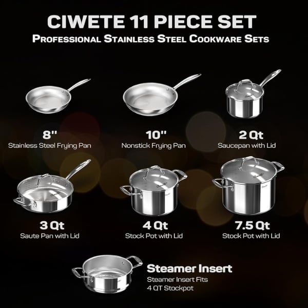 Bộ nồi chảo Ciwete 11 món inox / 3 nồi, 1 quánh, 2 chảo, 1 xửng hấp