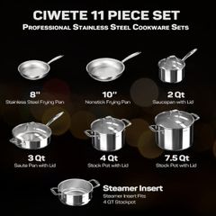  Bộ nồi chảo Ciwete 11 món inox / 3 nồi, 1 quánh, 2 chảo inox, 1 xửng hấp 