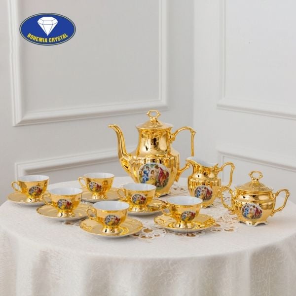 Bộ trà sứ Tiệp 15 món 3 cô tiên mạ vàng ấm cao