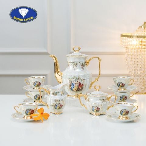 Bộ trà sứ Tiệp 3 cô tiên ấm cao nền trắng 15 món