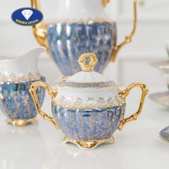  Bộ trà sứ Tiệp ấm cao nền xanh dương dây vàng 15 món 