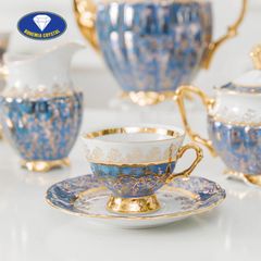  Bộ trà sứ Tiệp ấm cao nền xanh dương dây vàng 15 món 