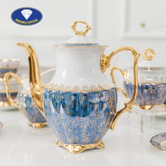  Bộ trà sứ Tiệp ấm cao nền xanh dương dây vàng 15 món 