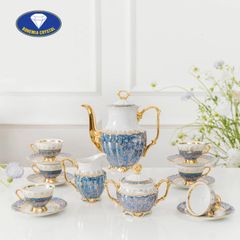  Bộ trà sứ Tiệp ấm cao nền xanh dương dây vàng 15 món 